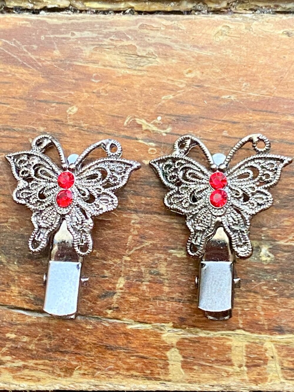 Butterfly Vintage Hair Clip Red Rhinestone Filigree Barrette Silver PAIR Y2K